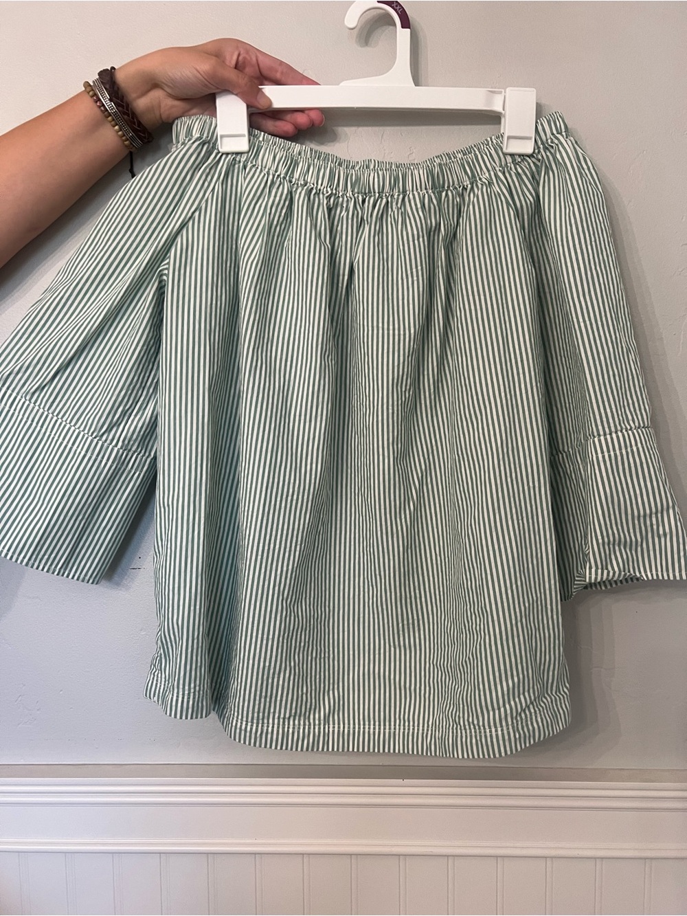 Off-Shoulder Striped Green & White Women’s Shirt